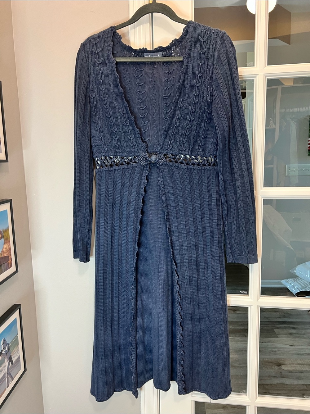 Cecilia Prado Dark Blue Longline Knit Cardigan with cutout waist Detail